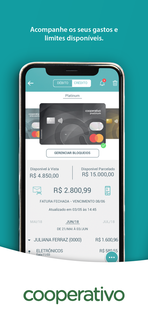 Cooperativo Cartões - Tela do aplicativo móvel Cooperativo Cartões exibindo limites de cartão de crédito e histórico de transações.
