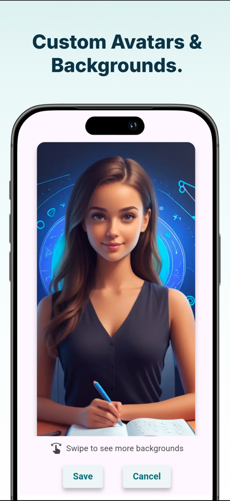 Interface of Memozy app showing a customizable AI avatar and creative background options