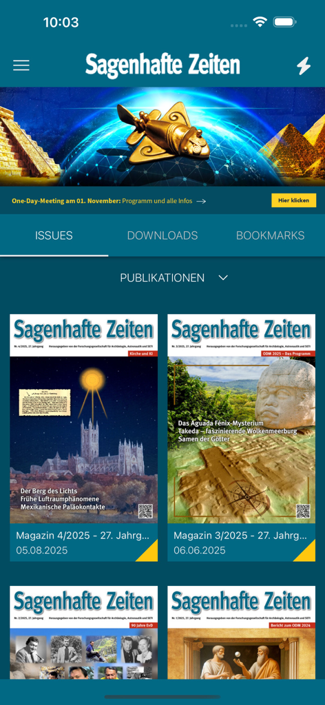 SAGENHAFTE ZEITEN Archiv-App - 고대 고고학 및 SETI 연구에 관한 여러 잡지 호 모음을 보여주는 Sagenhafte Zeiten 앱의 디지털 라이브러리 인터페이스