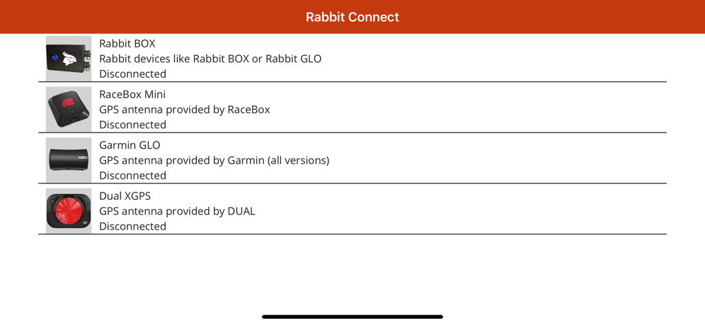 Pantalla de la aplicación Rabbit Connect mostrando una lista de hardware GPS externo compatible como Rabbit BOX y Garmin GLO