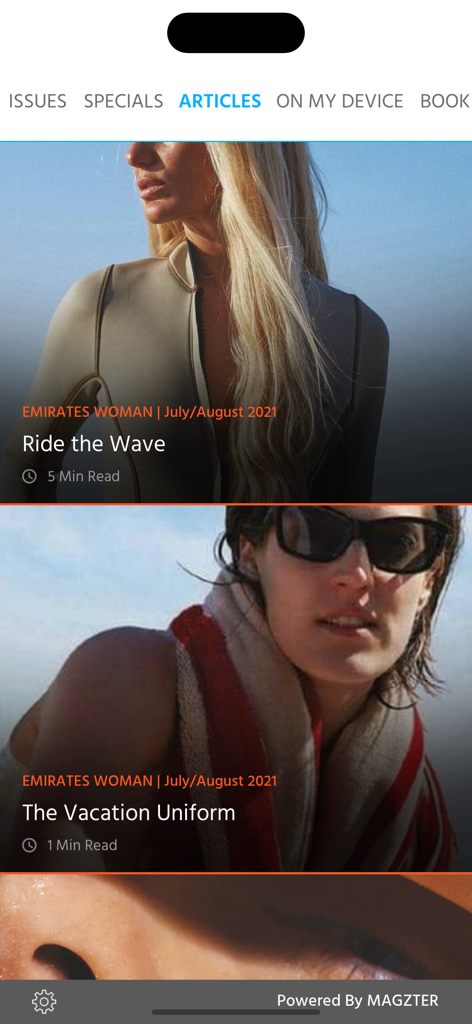 Emirates Woman - Screenshot of the Emirates Woman app articles section displaying fashion and luxury lifestyle features.