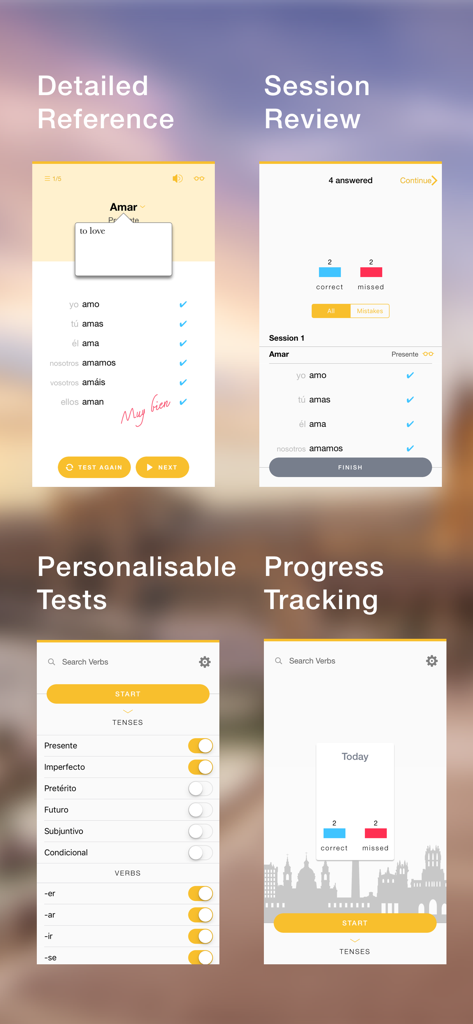 Conjuu - Spanish Full Edition - Screenshots of the Conjuu Spanish app showing verb reference, session review, personalized tests, and progress tracking