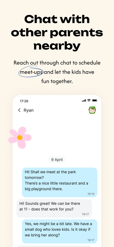 Kidbridge - Mobile screen showing a chat between parents on Kidbridge to schedule a playdate meetup at a park