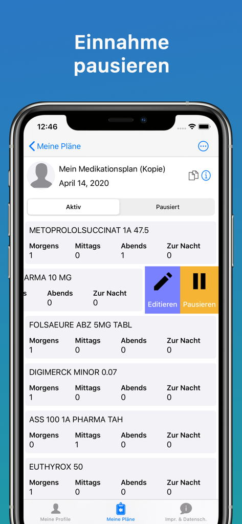 PApp - Die Patientenapp - Smartphone-Bildschirm, der einen digitalen Medikationsplan mit Optionen zur Bearbeitung oder Pausierung bestimmter Verschreibungen anzeigt.