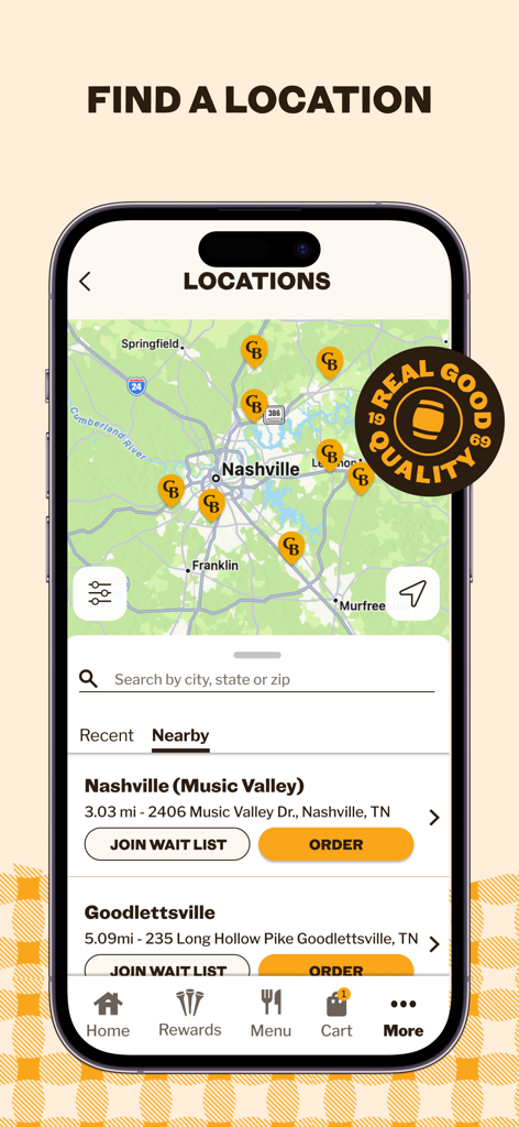 Interface of the Cracker Barrel app showing nearby restaurant locations on a map with buttons to join the waitlist or order