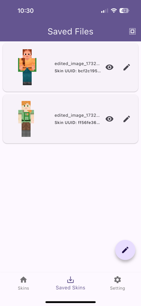 A list of saved custom Minecraft skins within the Skin Editor 3D app