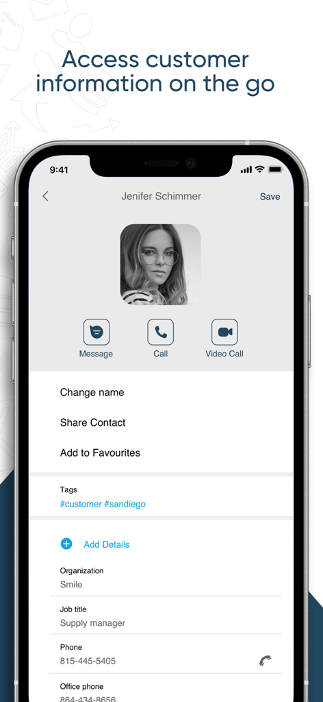 Uptime VoIP - Uptime VoIP Mobile-App-Bildschirm zeigt ein Kundenkontaktprofil mit Optionen für Nachrichten, Audioanrufe und Videoanrufe.