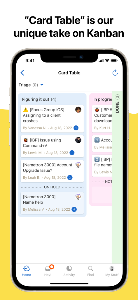 Basecamp - Project Management - Basecamp mobile app showing the Card Table Kanban board feature for project management.
