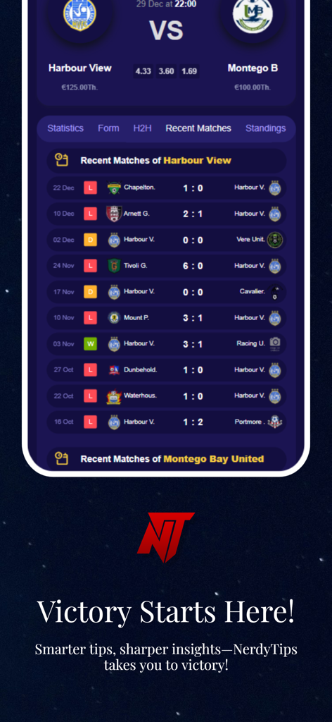 NerdyTips app interface showing detailed soccer match history and team performance statistics