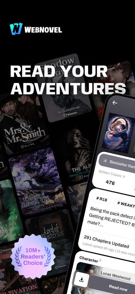 WebNovel app display featuring popular digital novel covers and the slogan Read Your Adventures