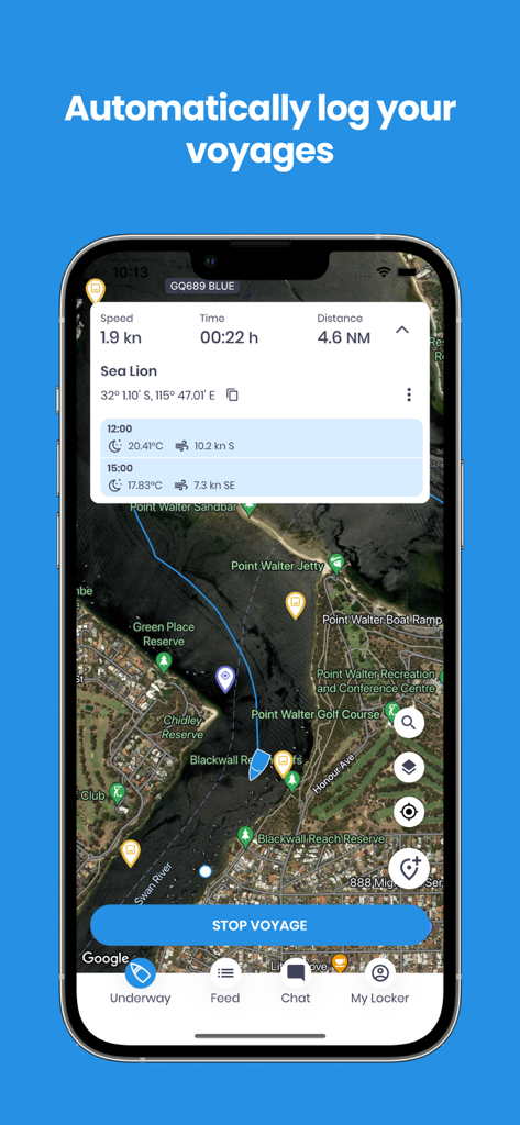 Nebo - Boat Logging Made Easy. - Nebo app interface showing an automatic boat voyage log with map tracking and nautical stats