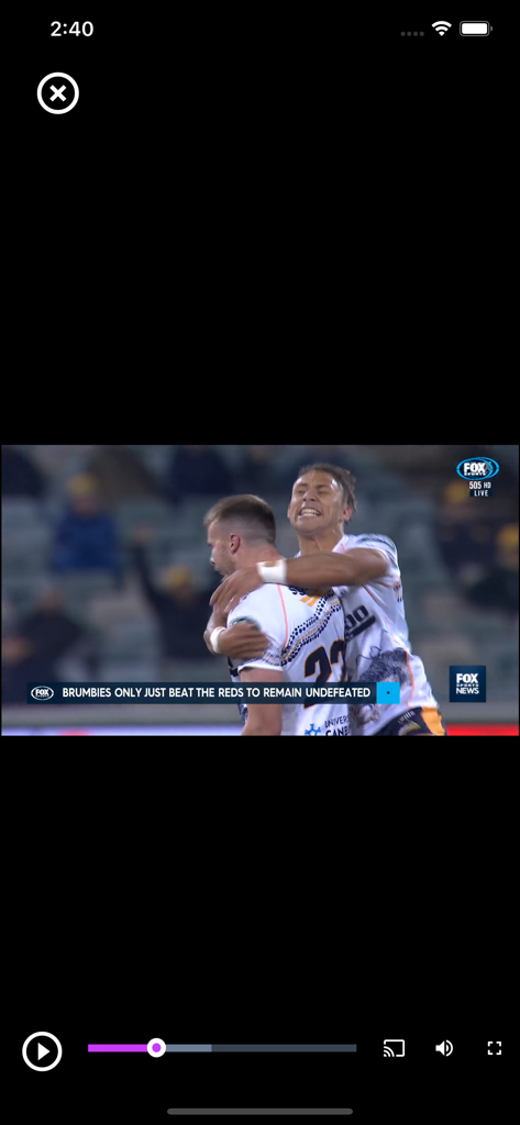 Rugby Xplorer app video player streaming a rugby match highlight