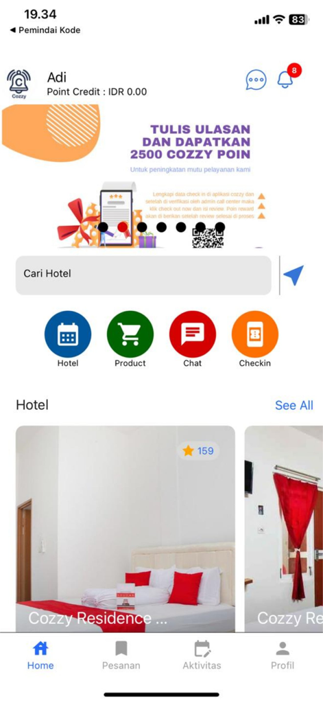 cozzy.id - Cozzy.id mobile app home screen featuring hotel search and Indonesian hospitality bookings