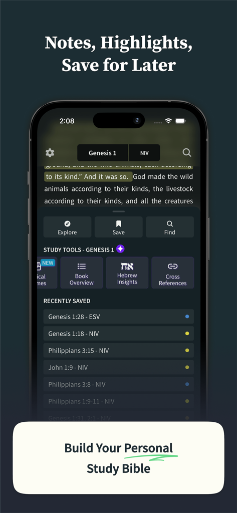 SparkBible: Bible Study - Interfaz de la aplicación SparkBible mostrando herramientas de estudio bíblico que incluyen notas, resaltados e ideas sobre el hebreo.