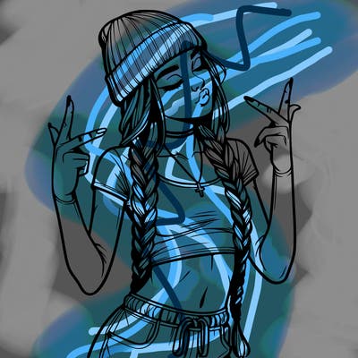 realistic teenage girl with braids and a beanie and crop top doing 🫶🏼