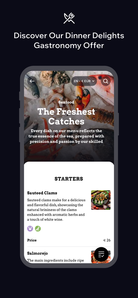 Menú de restaurante de la aplicación STAY Hotel App mostrando opciones de mariscos y entrantes.