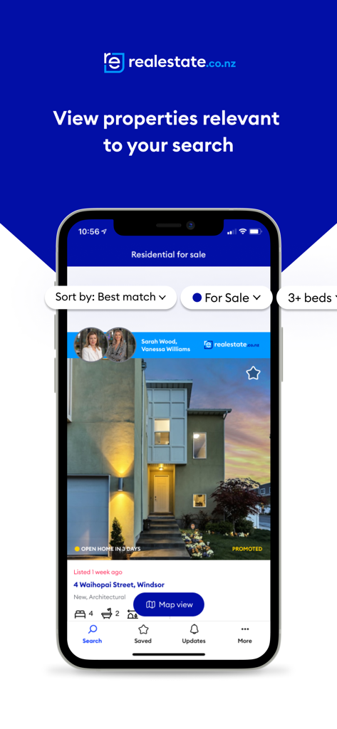 Realestate - A smartphone showing a residential property listing for sale in New Zealand on the Realestate app interface.