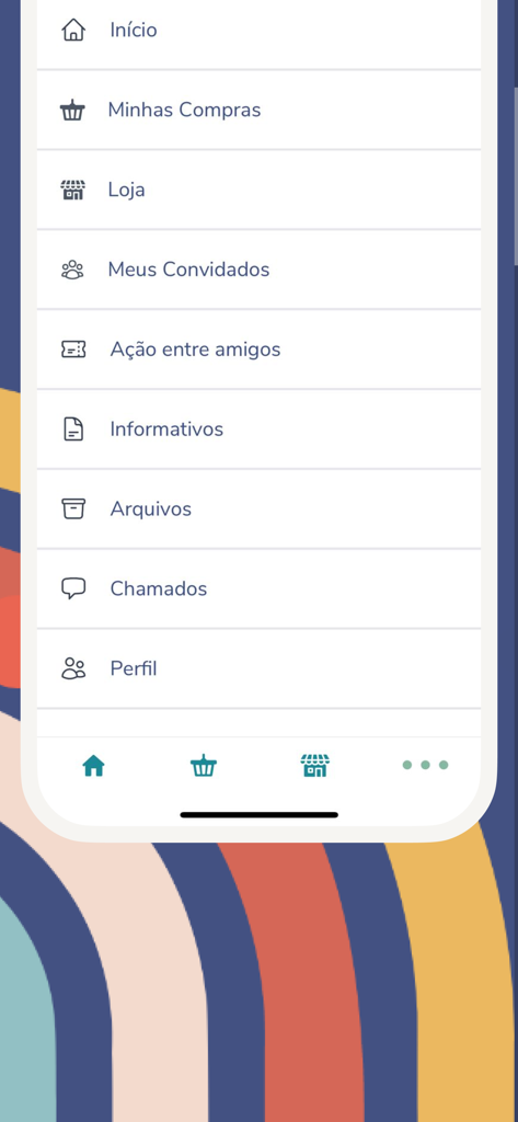 Menu de navigation de l'application Formô Brasil SP proposant des options pour les achats, la boutique et la gestion des événements.