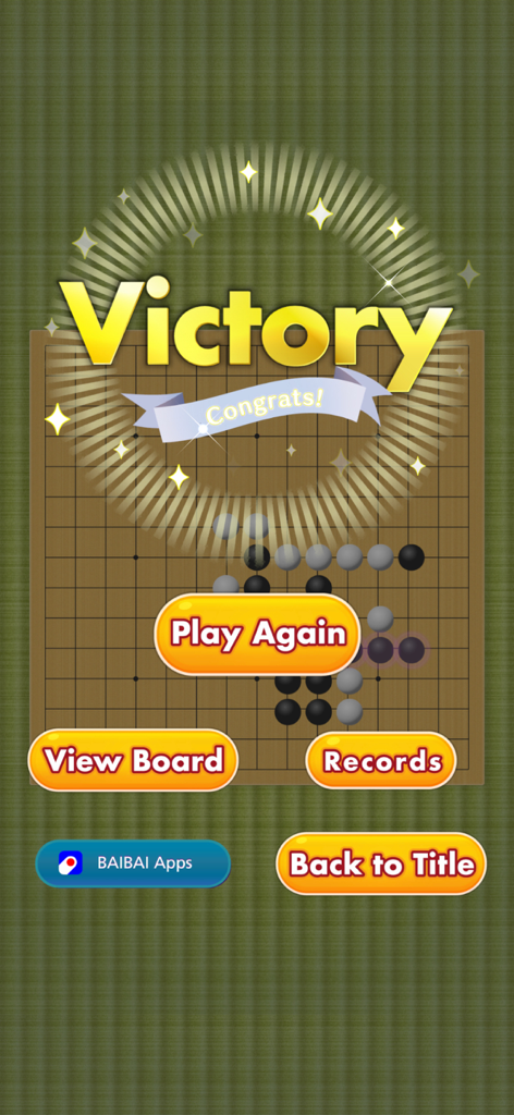 Gomoku Classic: Board Game Fun - Pantalla de victoria del juego de mesa Gomoku Clásico mostrando el mensaje de victoria y los botones de navegación.