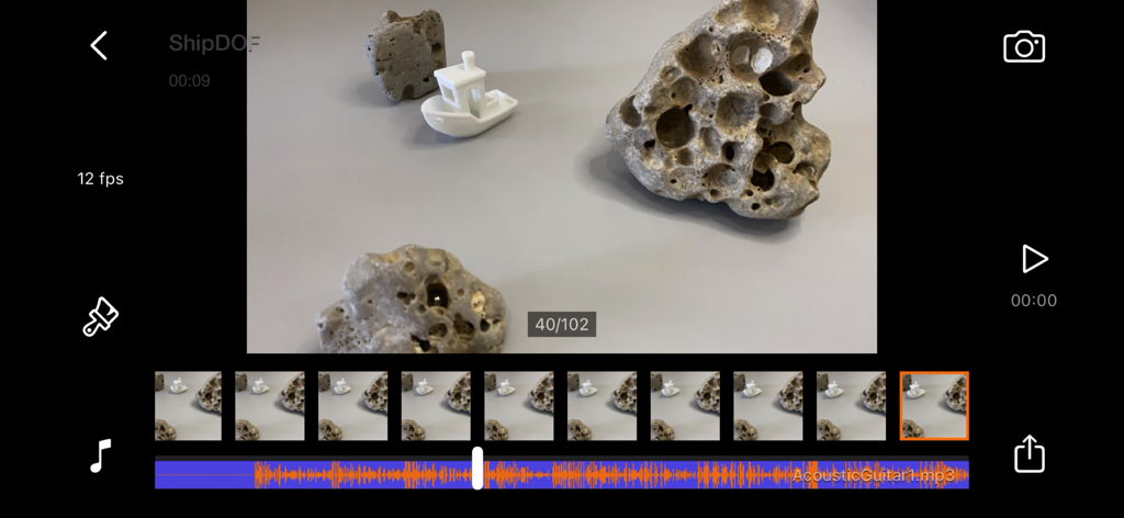 Stop Motion Plus app editing interface with frame sequence and audio track layering
