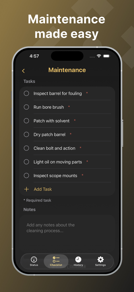ShotStat - ShotStat mobile app maintenance screen with a customizable rifle cleaning checklist