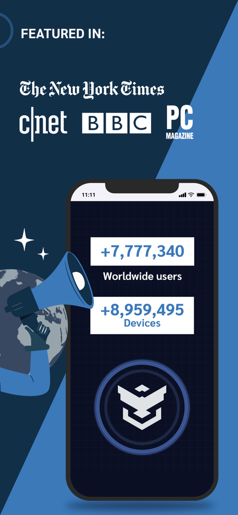 Prey Find My Phone & Security - Prey security app showing global user statistics and logos of major media features including The New York Times and BBC