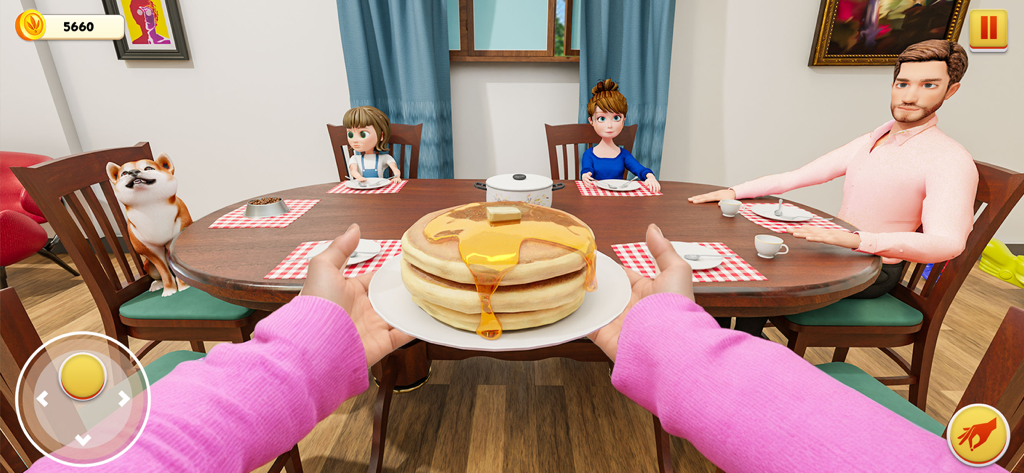 Mom Simulator Life Mother Game - A first person view of a mother serving a stack of pancakes to her family in a simulation game