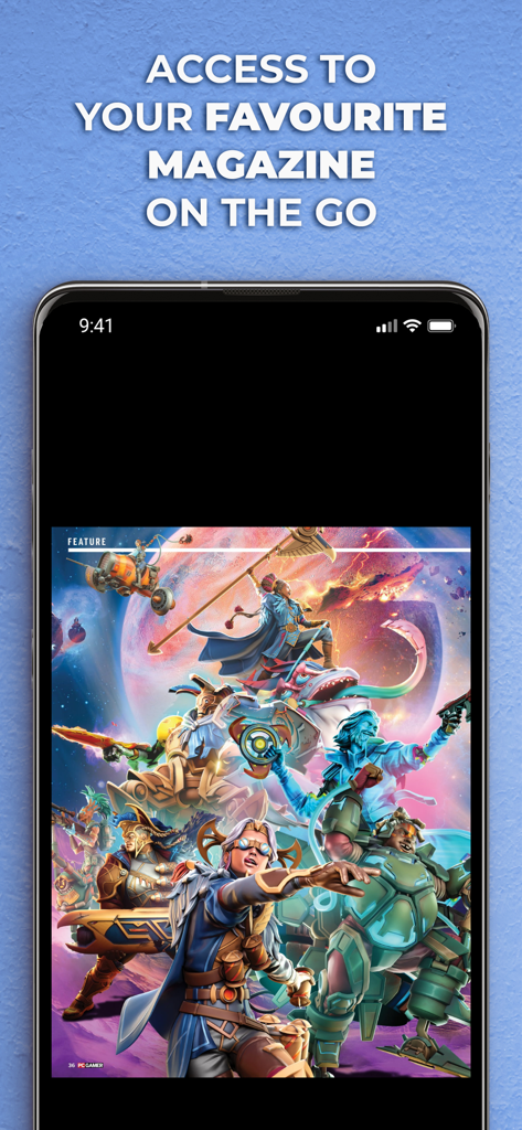Smartphone displaying a colorful feature article from the PC Gamer digital magazine edition