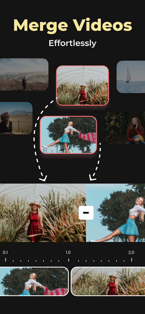 Intro Maker for YouTube Studio - Intro Maker app interface showing the merge videos feature with a video timeline and clip previews