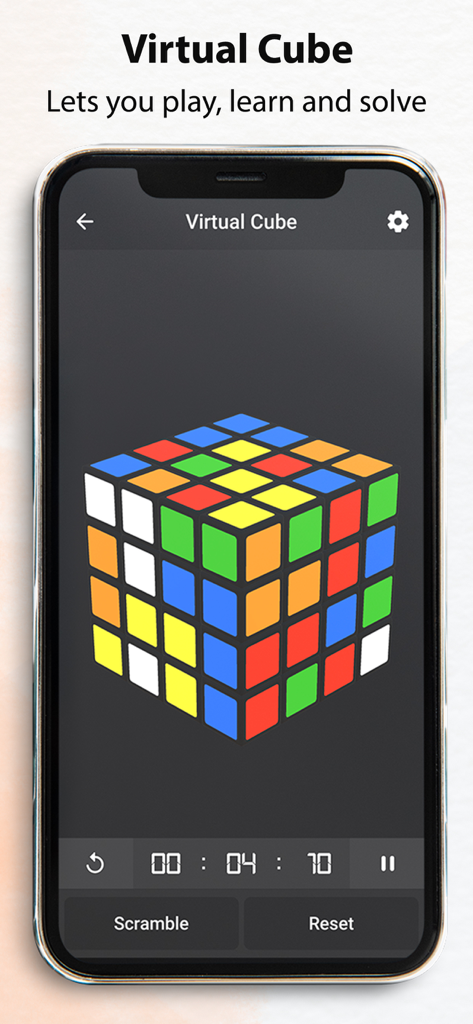 A virtual 4x4 cube with a timer on a mobile phone screen
