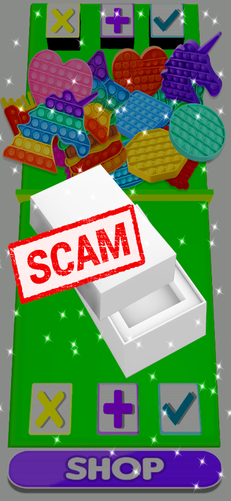 Fidget trading game screen showing colorful pop-it toys and a scam alert on a trading box