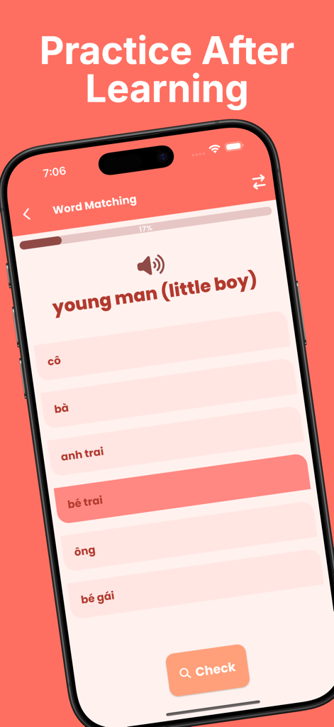 Learn Vietnamese For Beginners - Word matching exercise in the Learn Vietnamese For Beginners app for practicing vocabulary