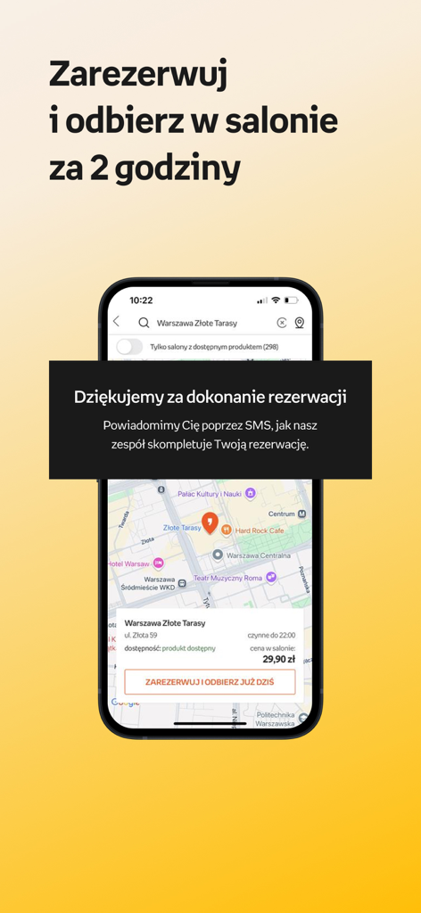 Empik mobile app screenshot showing a map for store pickup and a reservation confirmation message.