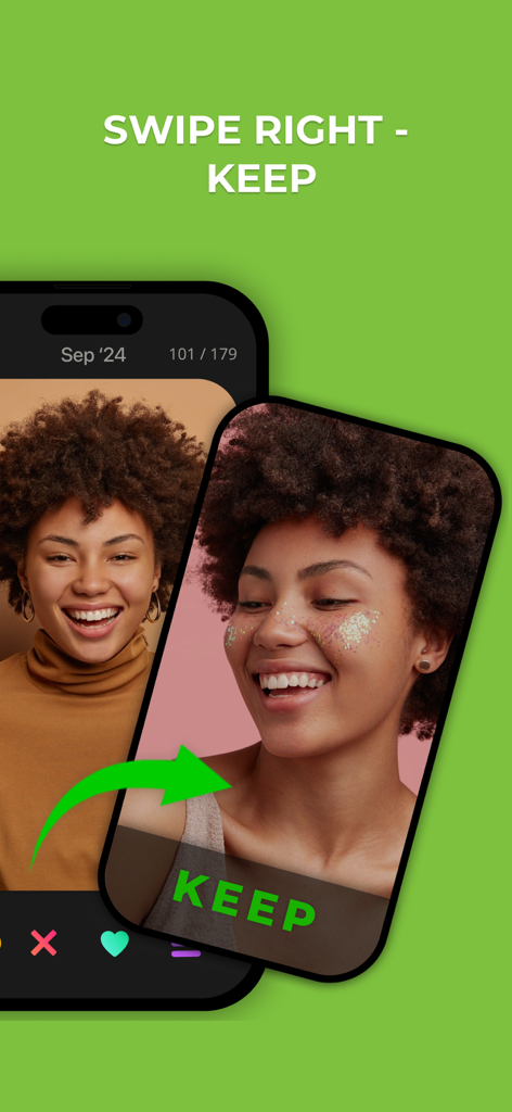Interface showing the swipe right gesture to keep a photo in the app