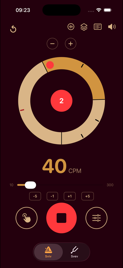 Svev & Sviv Lite - Sviv metronome interface in the Svev and Sviv Lite app showing a circular rhythm visualizer and 40 CPM setting