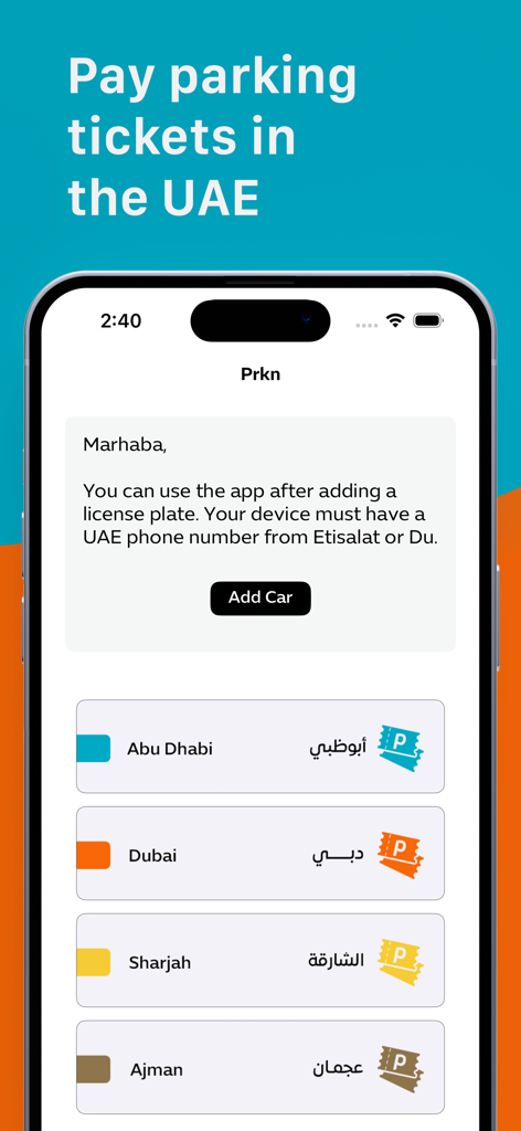 Prkn app interface showing options to pay for parking in UAE emirates