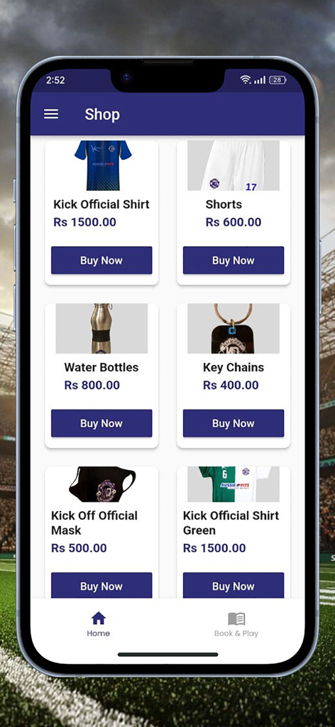 Kick-Off - Kick Off Academy mobile App Shop-Bildschirm mit Fußballartikeln und Ausrüstung