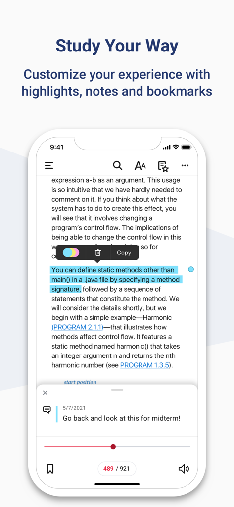 McGraw Hill Express Library - A smartphone interface showing a digital textbook page with blue text highlights and an annotation note for midterm study.
