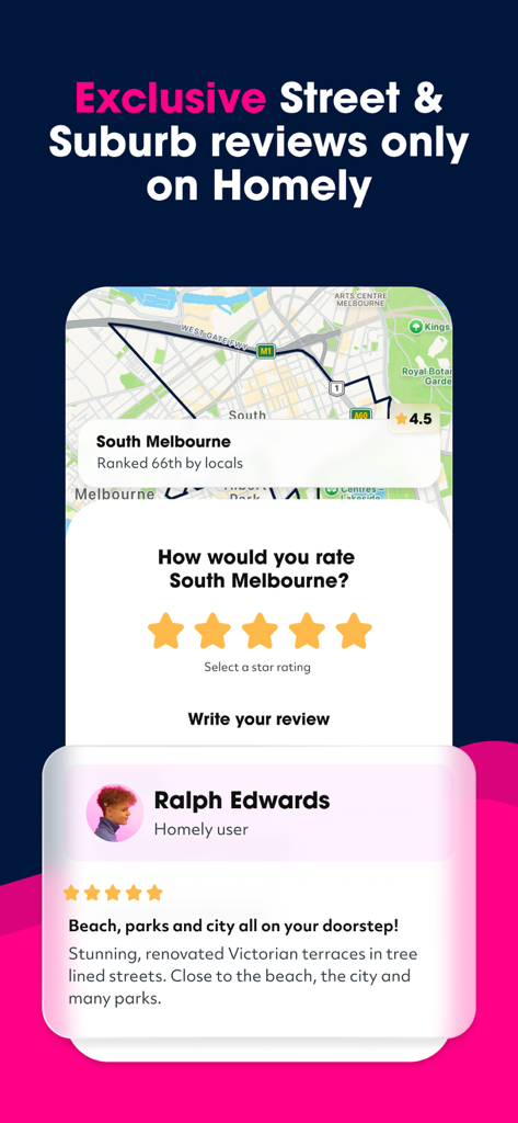 Homely app interface displaying exclusive suburb reviews and local user ratings