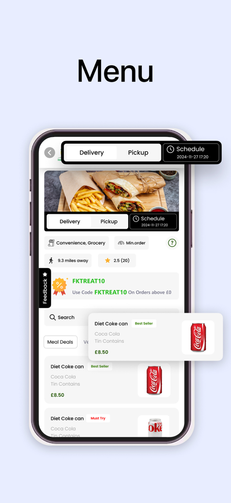 Écran du menu de l'application mobile Galitos Peri Peri montrant les options de livraison et de retrait avec des articles comme des wraps et des boissons.