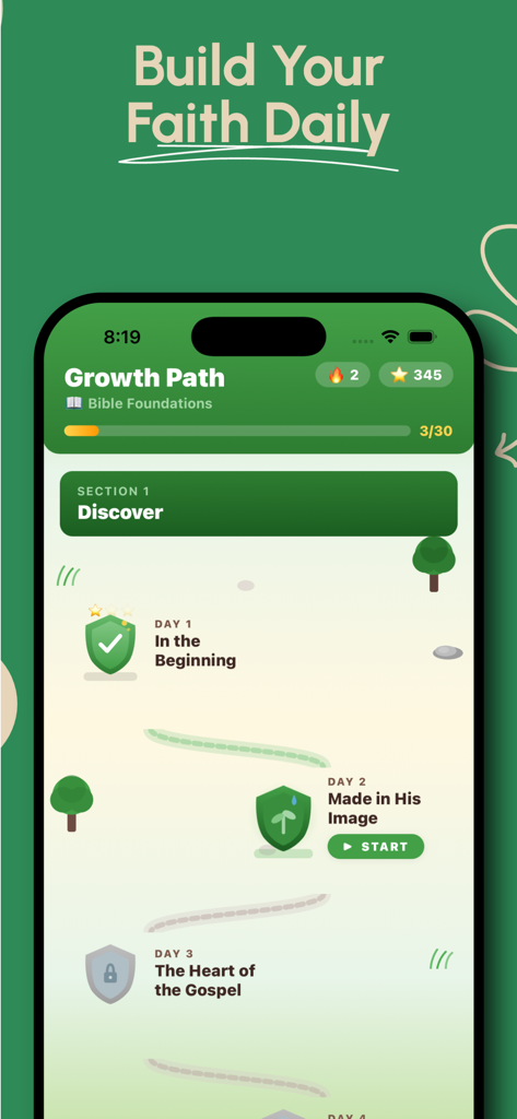 Plantd: Bible & Devotionals - Interfaz de la aplicación móvil de Plantd que muestra una ruta de aprendizaje de estudio bíblico diario con progreso gamificado