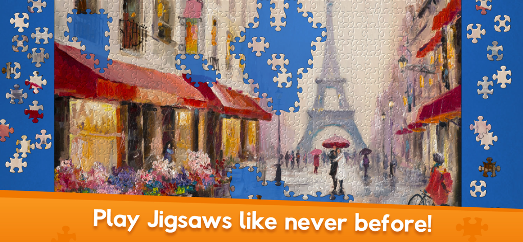 Jigsaw World - A digital jigsaw puzzle of a painting featuring a Parisian street with cafes and the Eiffel Tower.