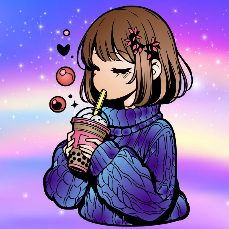 manga girl drinking boba in cozy sweater