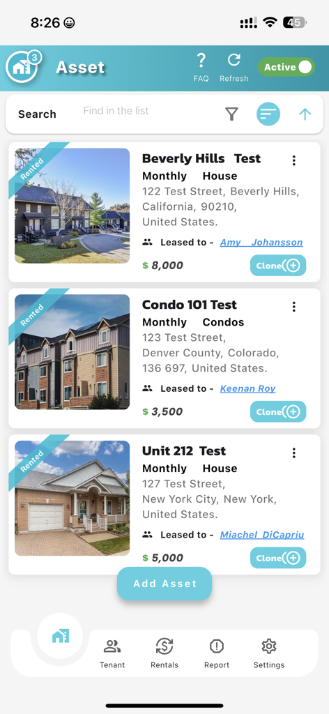 Um painel mostrando uma lista de propriedades de aluguel com preços de aluguel mensais e nomes de inquilinos