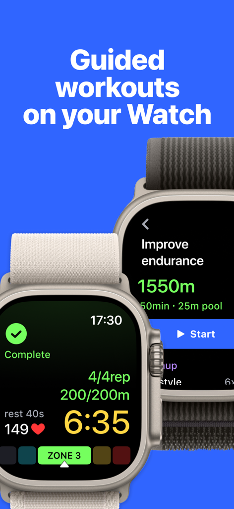 SwimUp: Swimming Workouts App - Apple Watch displaying SwimUp guided swimming workout with metrics like distance and heart rate