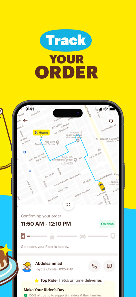 HungerStation - Food Delivery - HungerStation-App-Bildschirm zur Echtzeit-Bestellverfolgung mit Standort des Fahrers auf einer Karte und geschätzter Lieferzeit