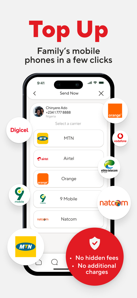 BOSS Revolution app interface for international mobile top ups featuring carrier logos and a no hidden fees guarantee