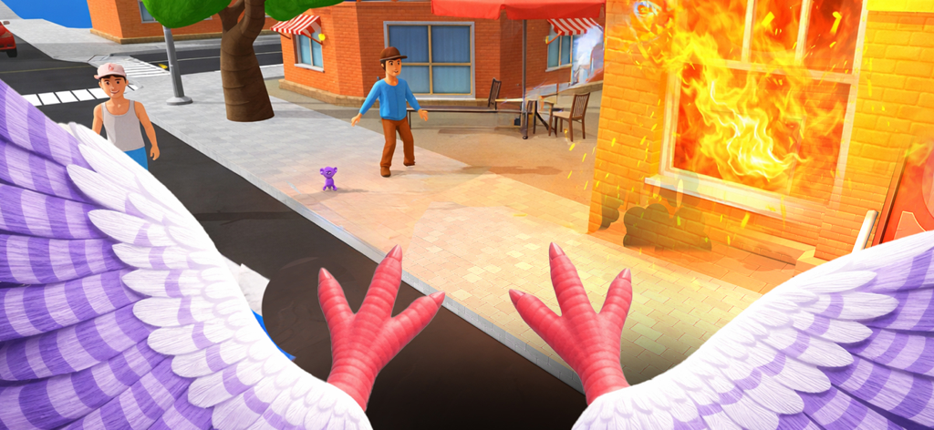 Prospettiva in prima persona di un uccello viola che vola sopra una strada cittadina con un edificio in fiamme.