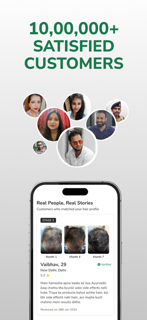 Traya app screen showing customer testimonials and hair growth results