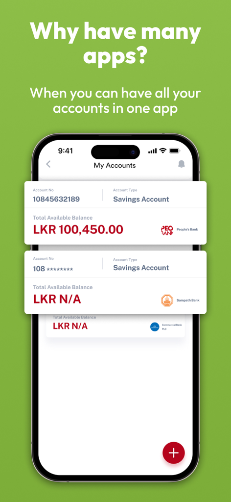 Peoples Pay mobile app interface showing multiple linked bank accounts from different Sri Lankan banks in one dashboard.